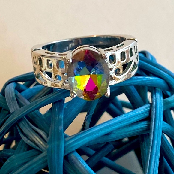 Women’s Sterling Silver Mystic Topaz 925 Thick Band Cocktail Ring Sz 6.75 - Picture 3 of 6